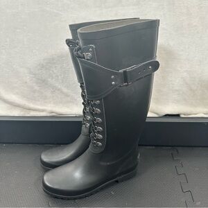 Ugg Rain Boots Sz 8 Madelynn Black Rubber Leather Strap Buckle Tie Muck Chore